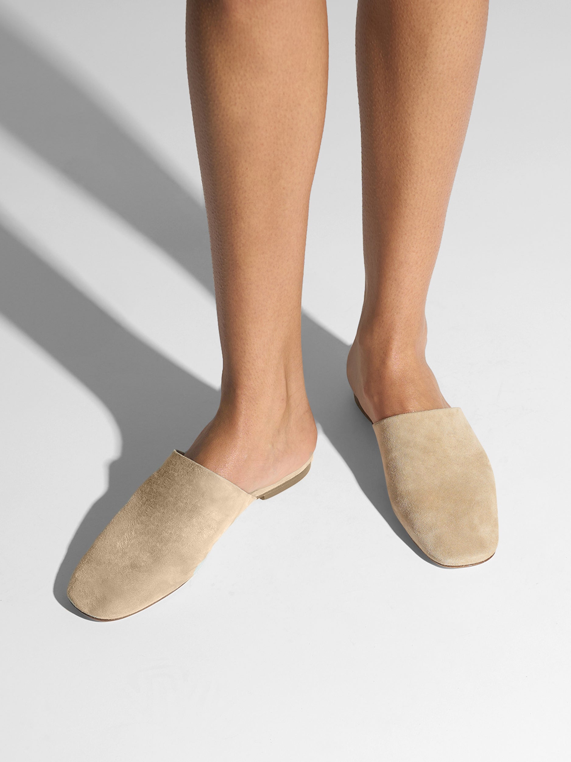 Aeyde | Rega Leather House Slippers for Women | Sand Suede | Round Toe | Flat Heel | On Feet