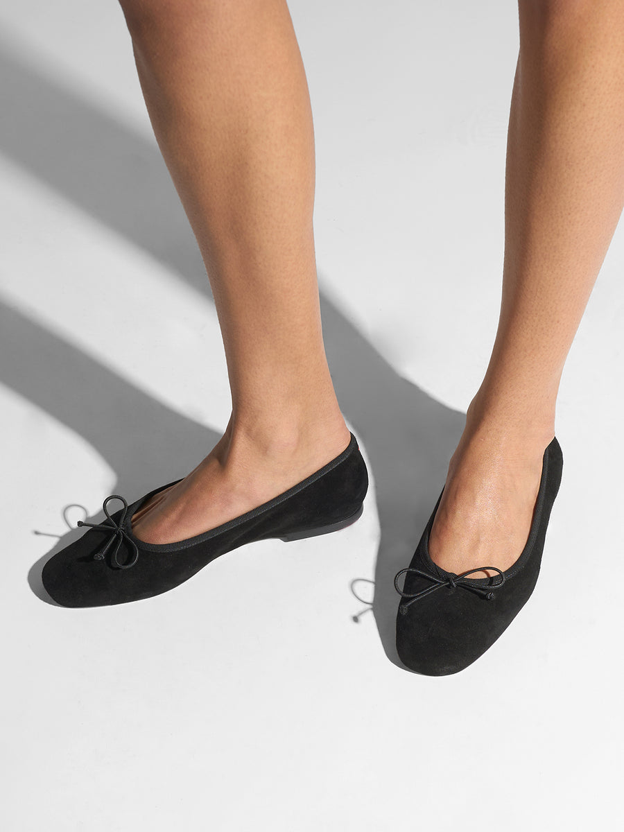Aeyde | Tiby Leather Flats for Women | Black Suede | Round Toe | Flat Heel | On Feet