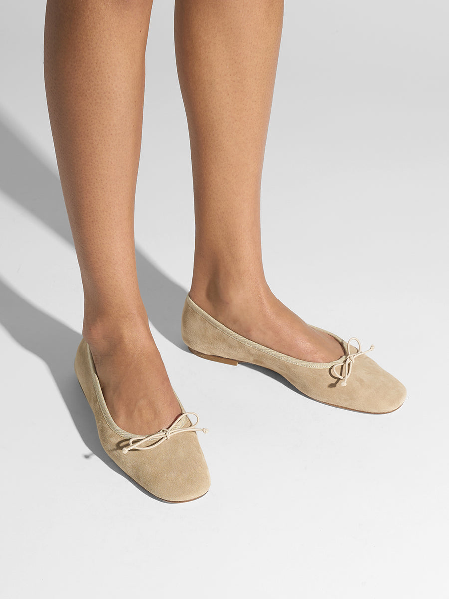 Aeyde | Tiby Leather Flats for Women | Sand Suede | Round Toe | Flat Heel | On Feet