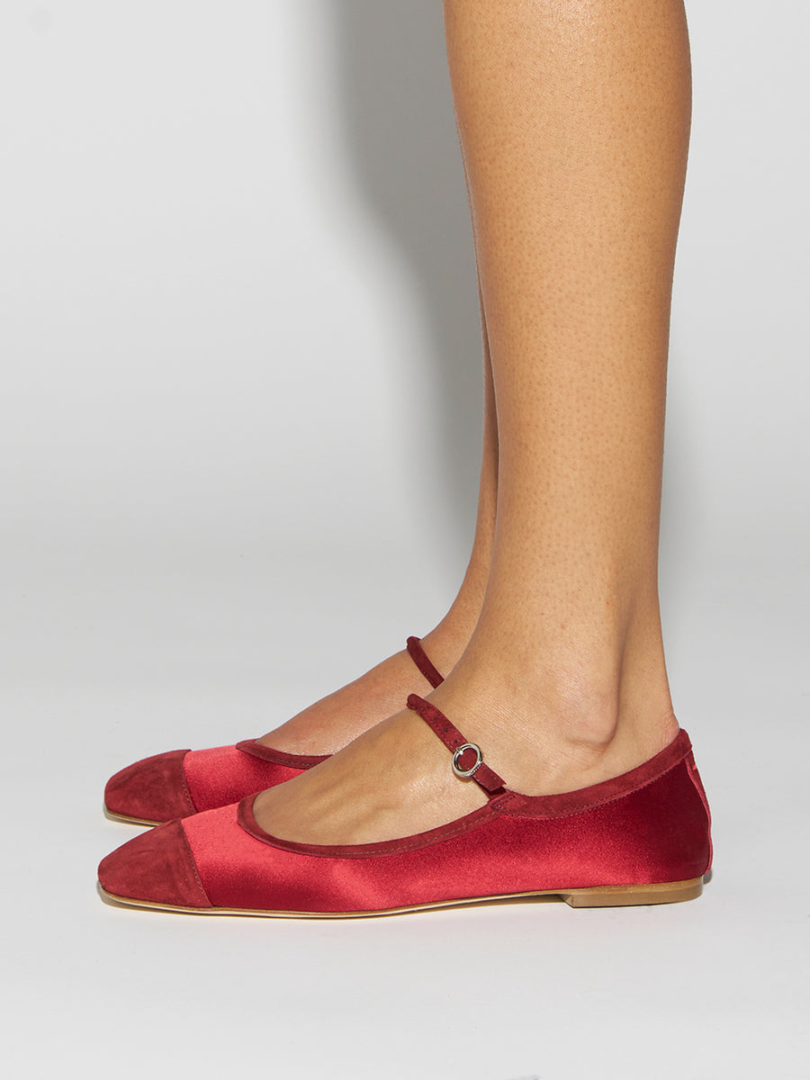 Aeyde | Uma Leather Flats for Women | Scarlet Satin/Suede | Square Toe | Flat Heel | How to Style