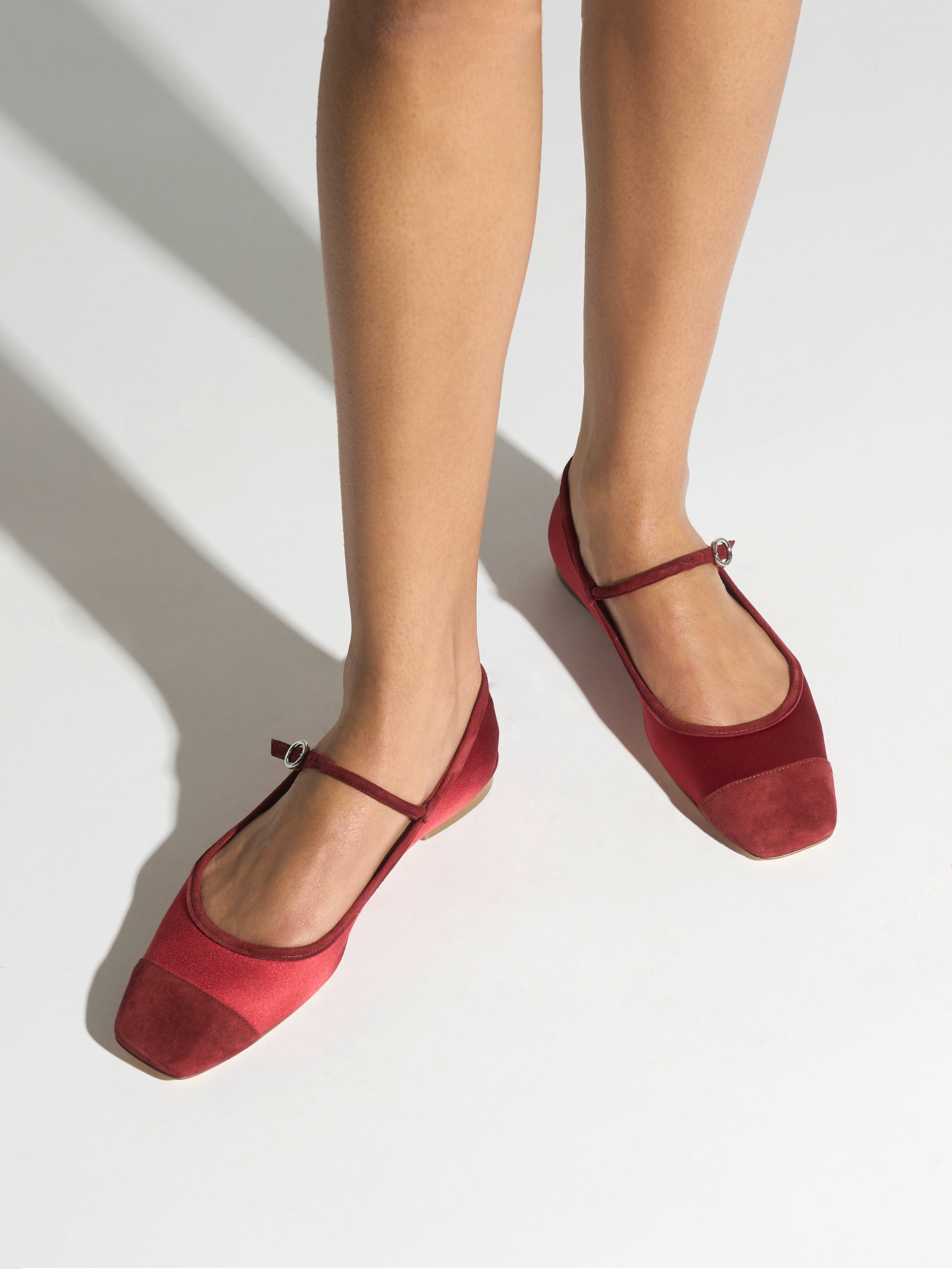 Aeyde | Uma Leather Flats for Women | Scarlet Satin/Suede | Square Toe | Flat Heel | On Feet