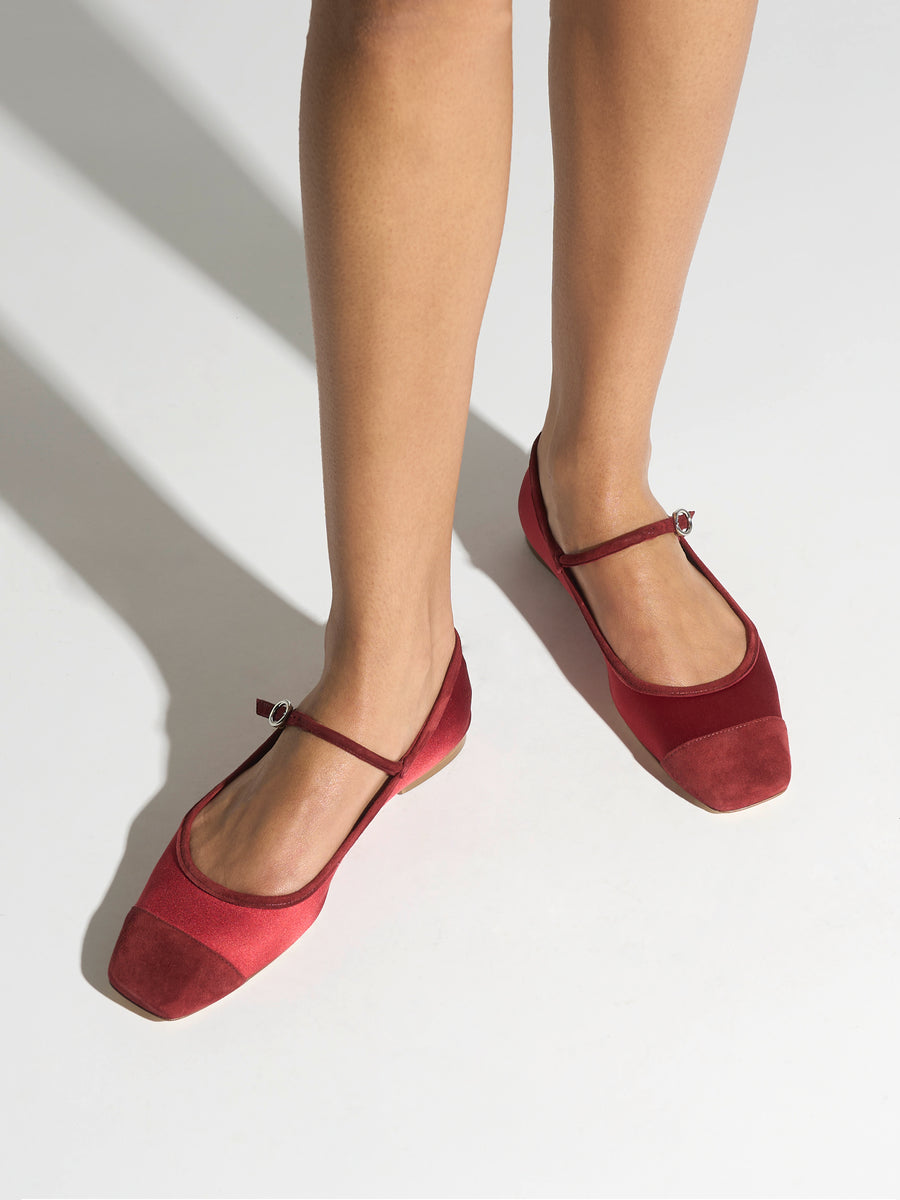 Aeyde | Uma Leather Flats for Women | Scarlet Satin/Suede | Square Toe | Flat Heel | On Feet