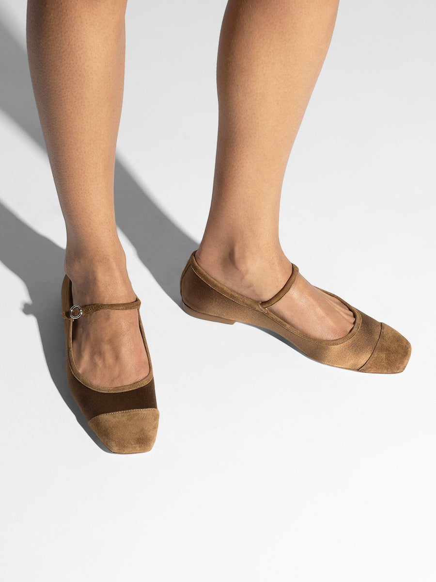 Aeyde | Uma Leather Flats for Women | Tobacco Satin/Suede | Square Toe | Flat Heel | How to Style
