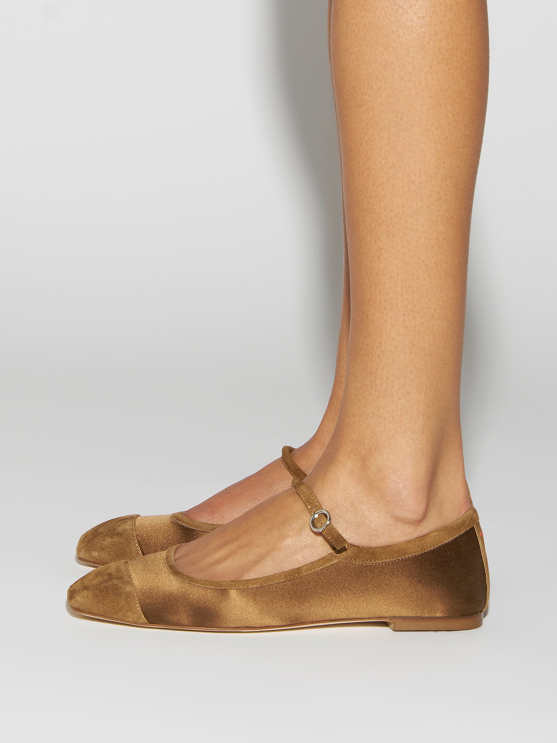 Aeyde | Uma Leather Flats for Women | Tobacco Satin/Suede | Square Toe | Flat Heel | On Feet