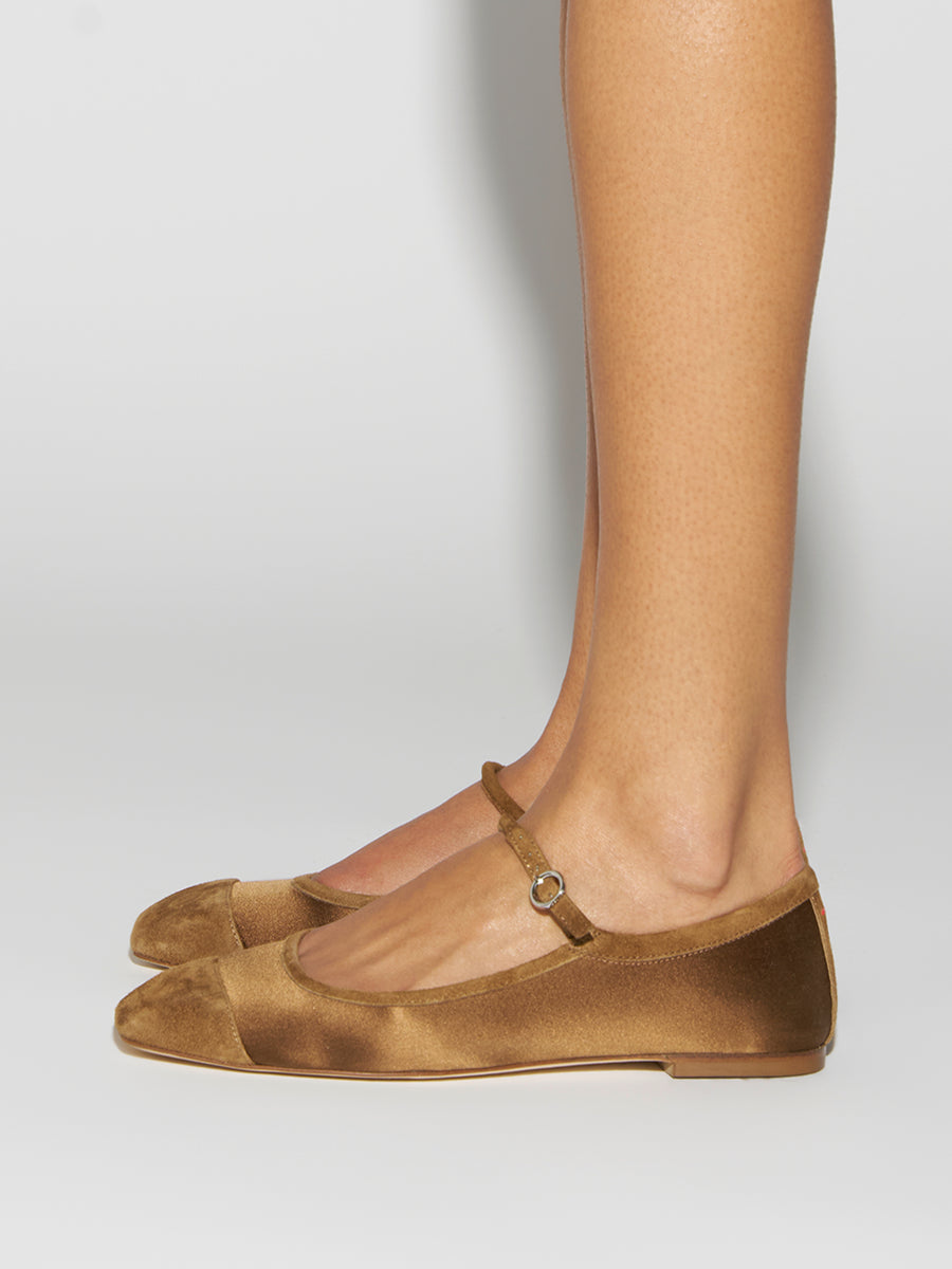 Aeyde | Uma Leather Flats for Women | Tobacco Satin/Suede | Square Toe | Flat Heel | On Feet