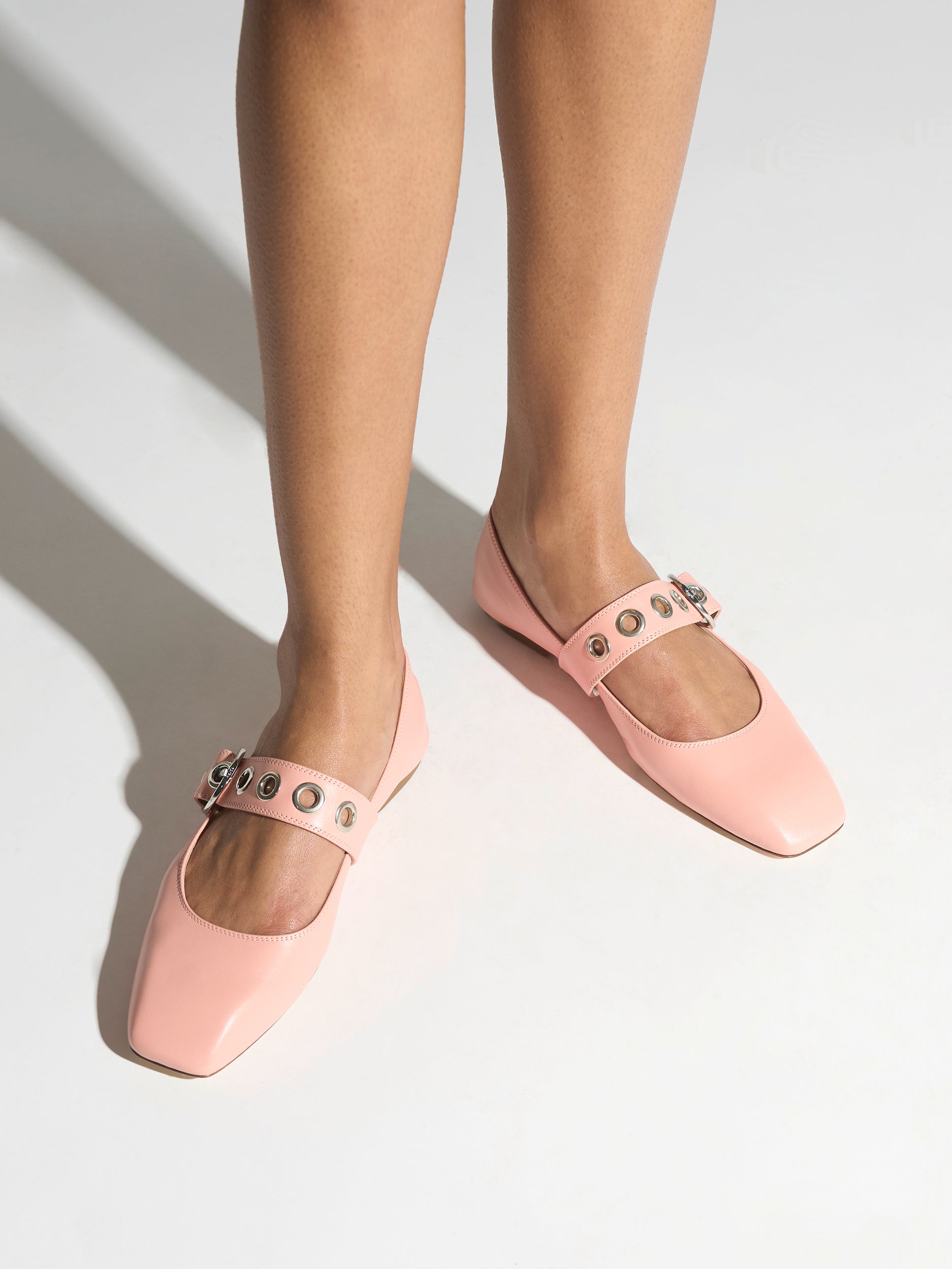 Aeyde | Uma Leather Flats for Women | Dusty Pink Nappa | Square Toe | Flat Heel | On Feet
