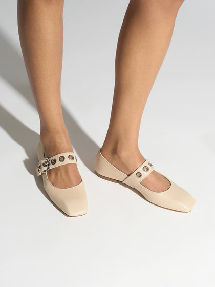 Aeyde | Uma Leather Flats for Women | Sand Nappa | Square Toe | Flat Heel | On Feet