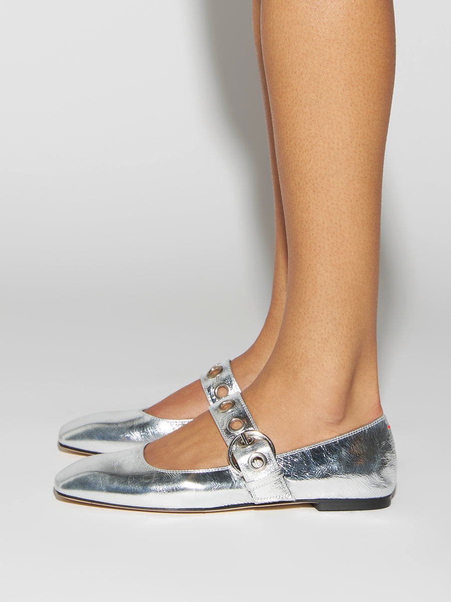 Aeyde | Uma Leather Flats for Women | Silver Crackle Calf | Square Toe | Flat Heel | How to Style