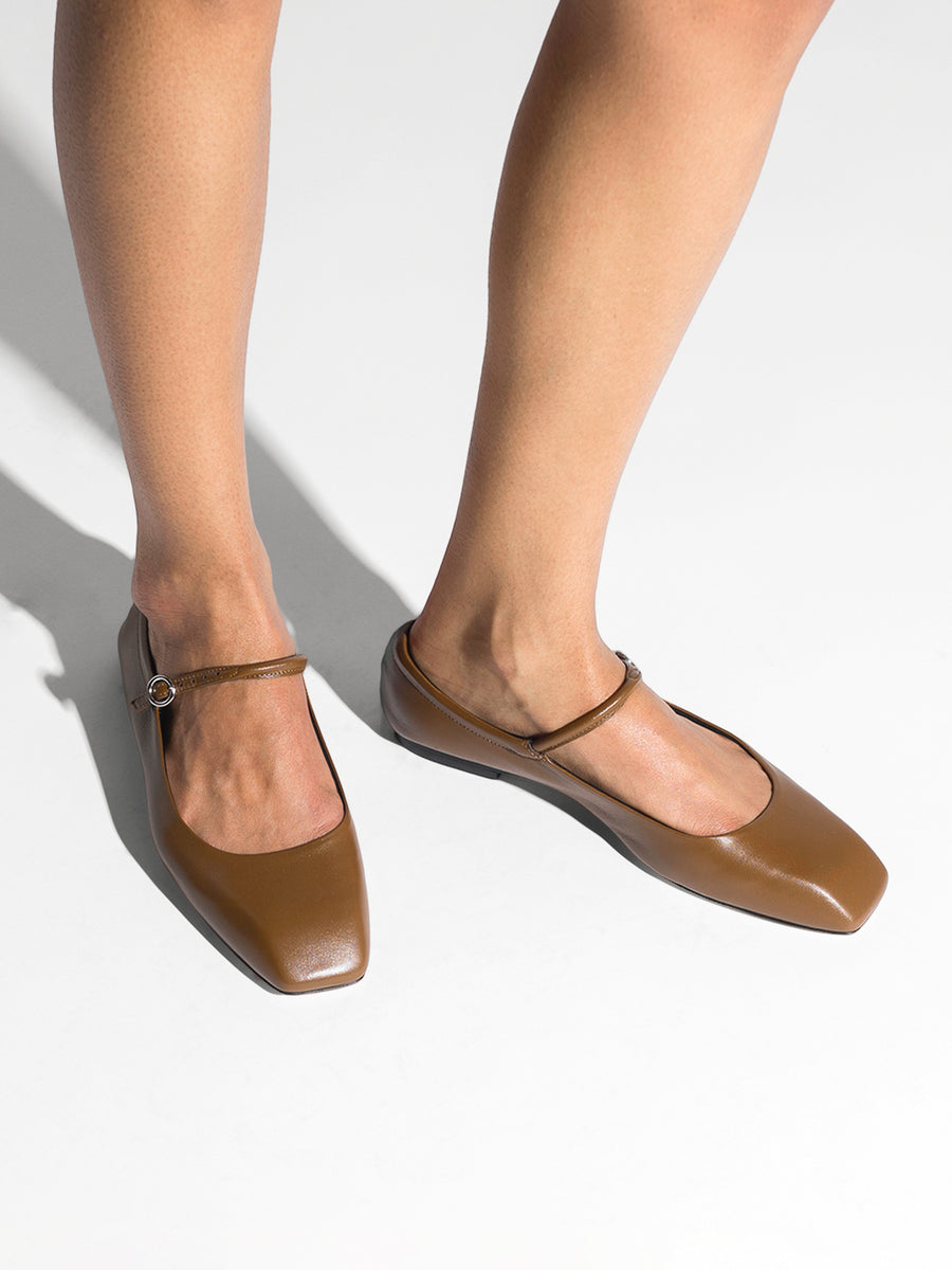 Aeyde | Uma Leather Flats for Women | Tobacco Nappa | Square Toe | Flat Heel | On Feet