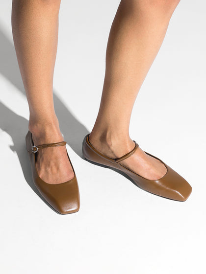 Aeyde | Uma Leather Flats for Women | Tobacco Nappa | Square Toe | Flat Heel | On Feet