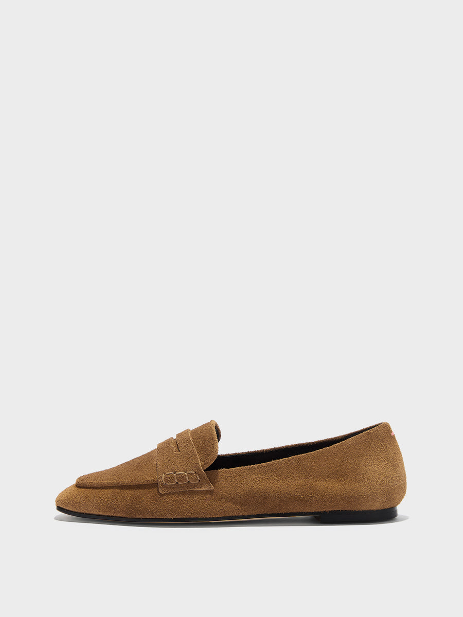 Aeyde | Alfie Leather Flats for Women | Tobacco Suede | Square Toe | Flat Heel | Side View