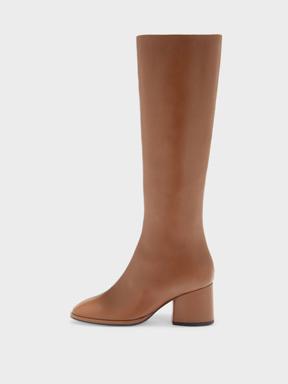 Aeyde | Alina Leather Knee High Boots for Women | Tobacco Nappa | Round Toe | Mid Heel | Side View