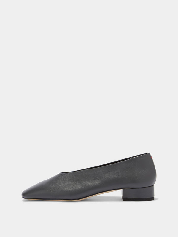 Aeyde | Delia Leather Flats for Women | Charcoal Nappa | Round Toe | Low Heel | Side View [x=50,y=85]