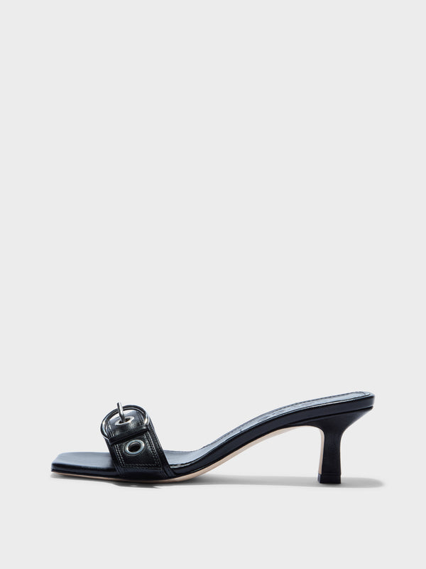 Aeyde | Gilly Leather Heeled Sandals for Women | Black Nappa | Square Toe | Mid Heel | Side View