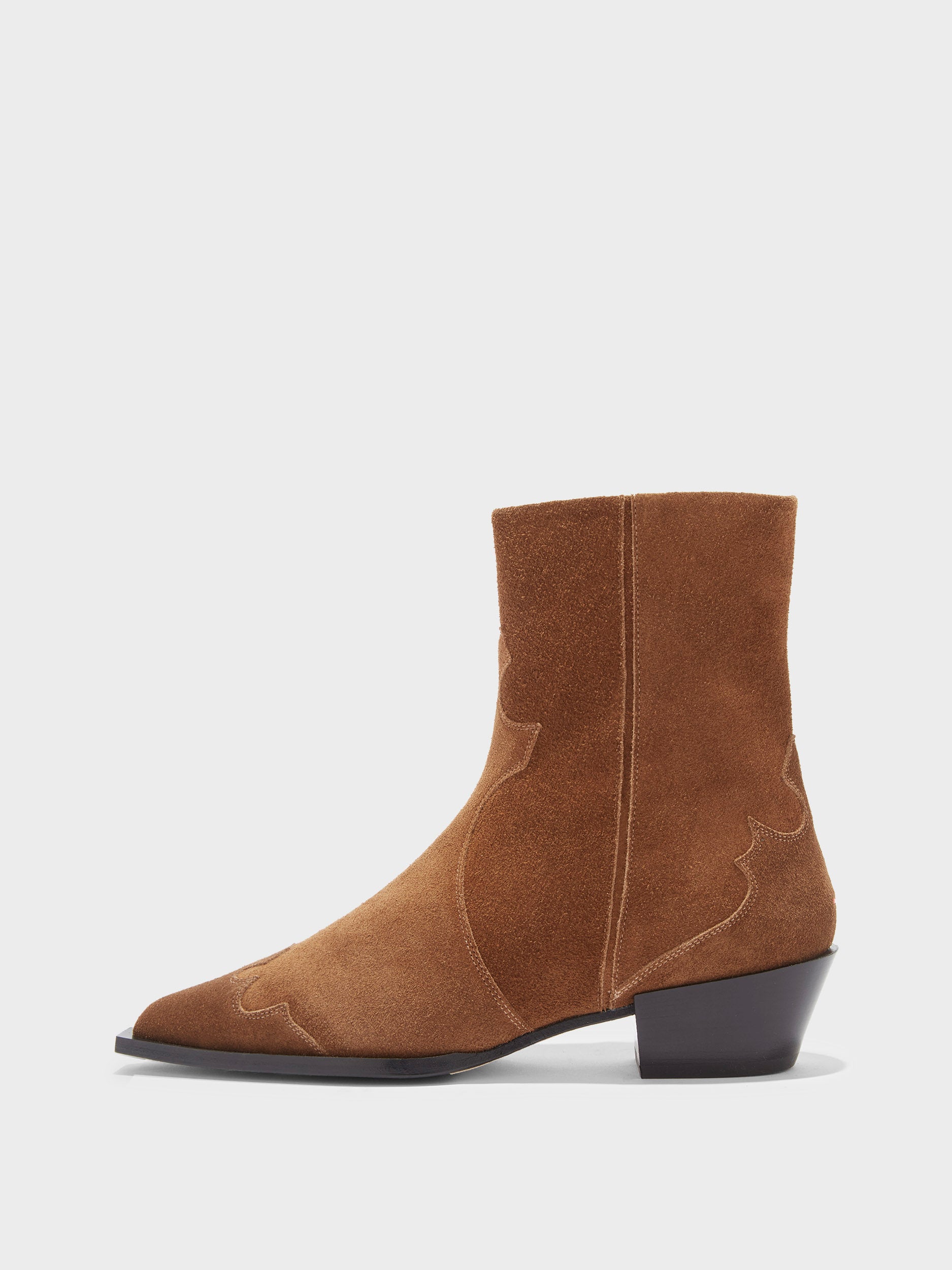 Aeyde | Hester Leather Ankle Boots for Women | Tobacco Suede | Pointed Toe | Low Heel | Side View