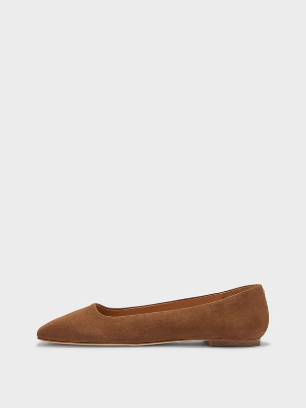 Aeyde | Ida Leather Flats for Women | Tobacco Suede | Square Toe | Flat Heel | Side View [x=50,y=85]