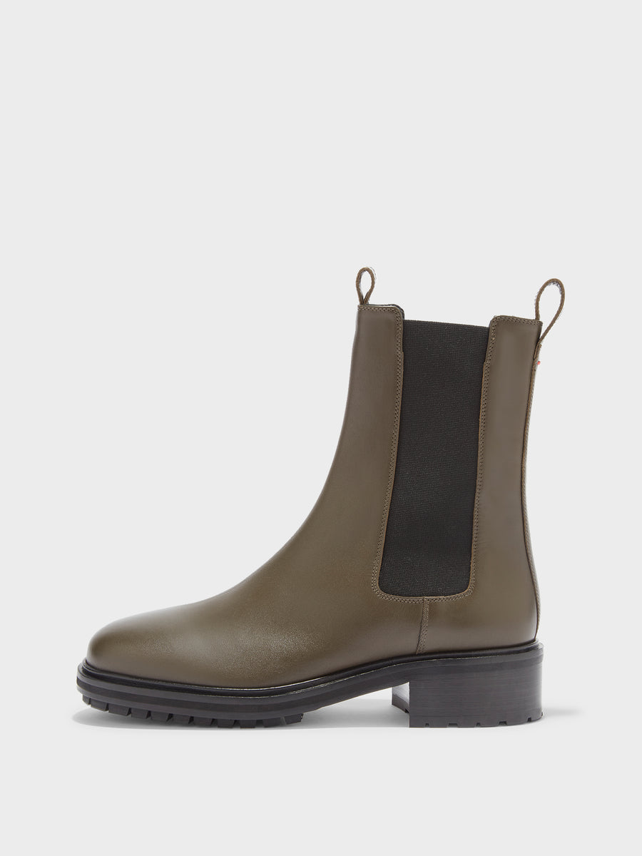 Aeyde | Jack Leather Ankle Boots for Women | Olive Calf | Round Toe | Low Heel | Side View