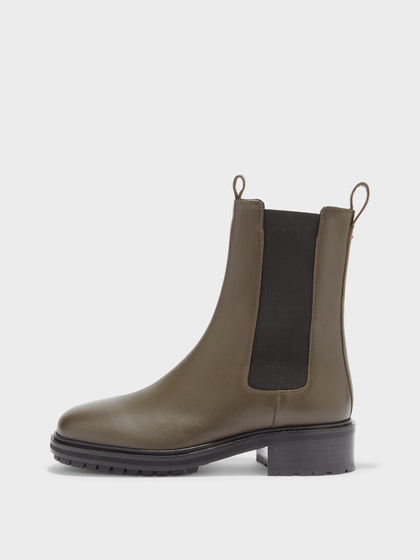 Aeyde | Jack Leather Ankle Boots for Women | Olive Calf | Round Toe | Low Heel | Side View