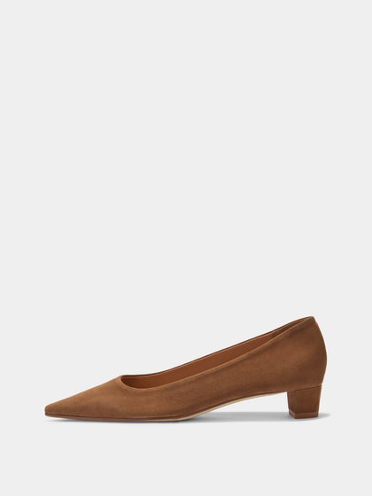 Aeyde | Judi Leather Pumps for Women | Tobacco Suede | Pointed Toe | Low Heel | Side View