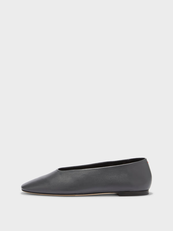 Aeyde | Kirsten Leather Flats for Women | Charcoal Nappa | Round Toe | Flat Heel | Side View [x=50,y=85]
