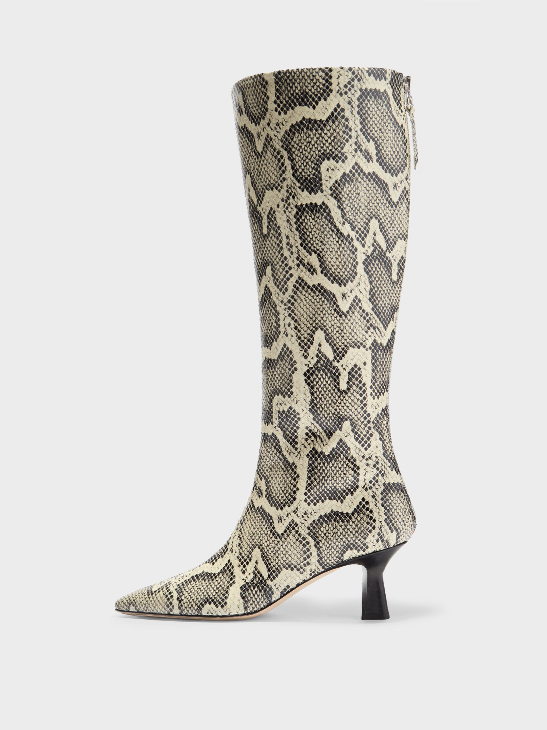 Aeyde | Klea Leather Knee High Boots for Women | Creamy Snake | Square Toe | Mid Heel | Side View