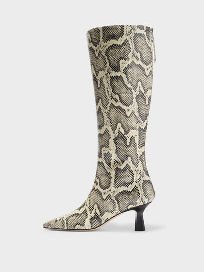 Aeyde | Klea Leather Knee High Boots for Women | Creamy Snake | Square Toe | Mid Heel | Side View