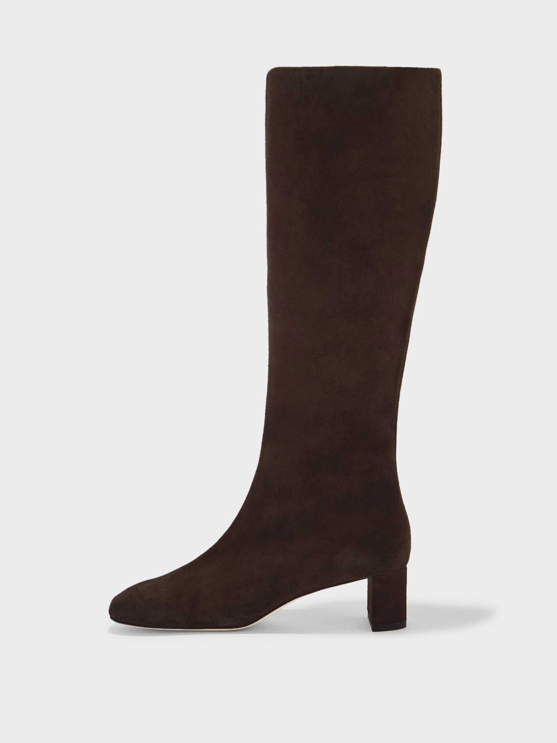 Aeyde | Marty Leather Knee High Boots for Women | Moka Suede | Square Toe | Low Heel | Side View