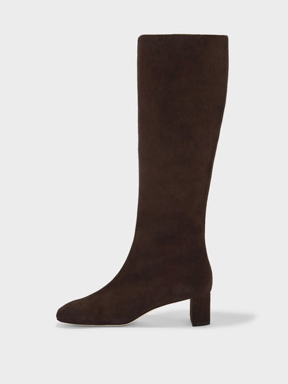 Aeyde | Marty Leather Knee High Boots for Women | Moka Suede | Square Toe | Low Heel | Side View