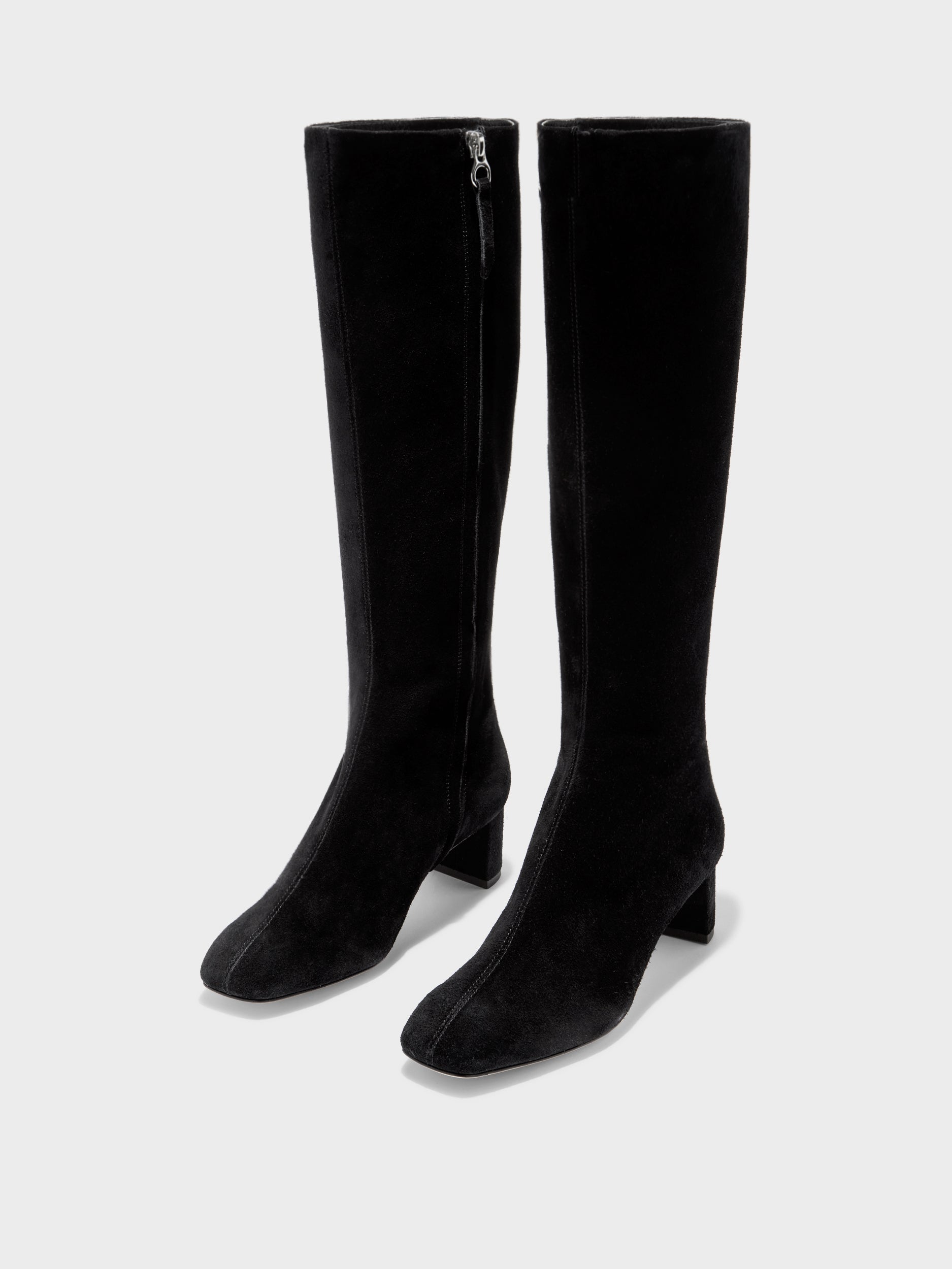 Aeyde | Marty Leather Knee High Boots for Women | Black Suede | Square Toe | Low Heel | Luxury Materials | Handmade in Italy