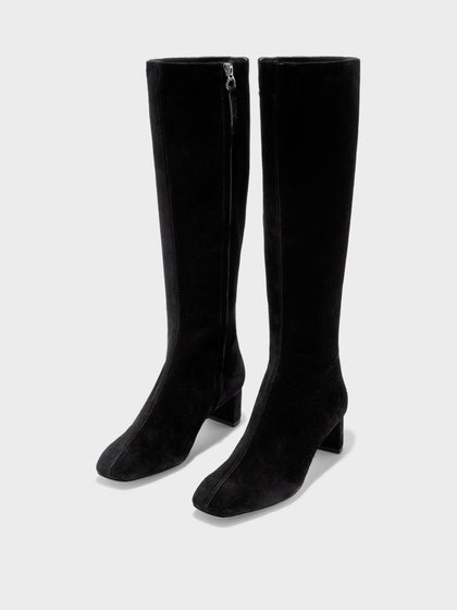 Aeyde | Marty Leather Knee High Boots for Women | Black Suede | Square Toe | Low Heel | Luxury Materials | Handmade in Italy