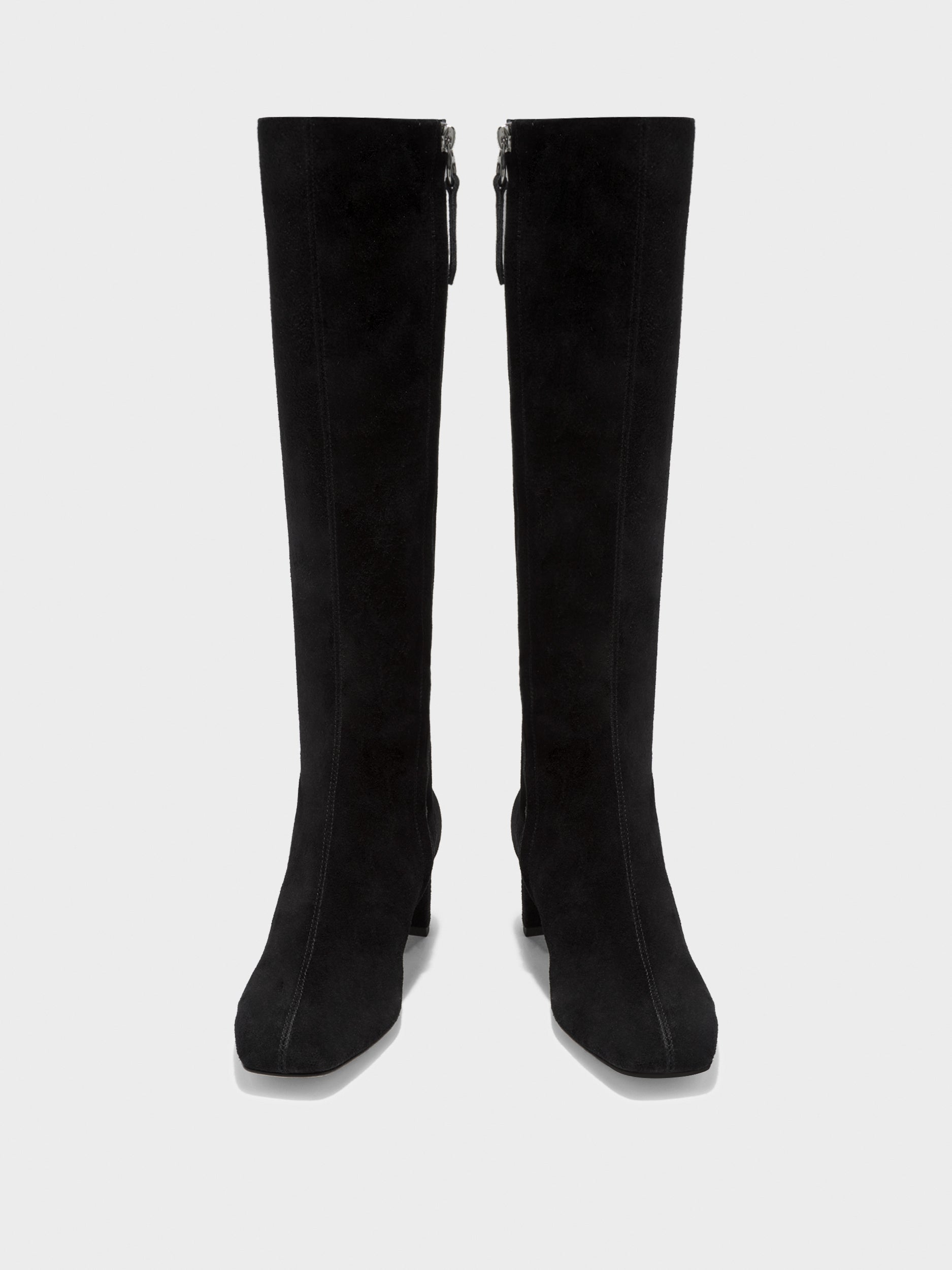 Aeyde | Marty Leather Knee High Boots for Women | Black Suede | Square Toe | Low Heel | Front View