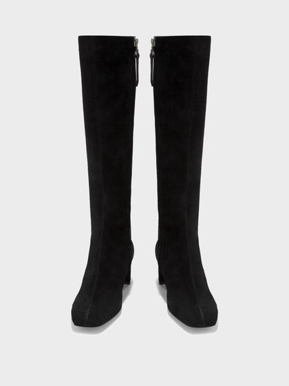 Aeyde | Marty Leather Knee High Boots for Women | Black Suede | Square Toe | Low Heel | Front View