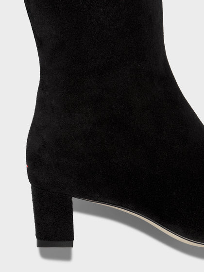 Aeyde | Marty Leather Knee High Boots for Women | Black Suede | Square Toe | Low Heel | Heel Details