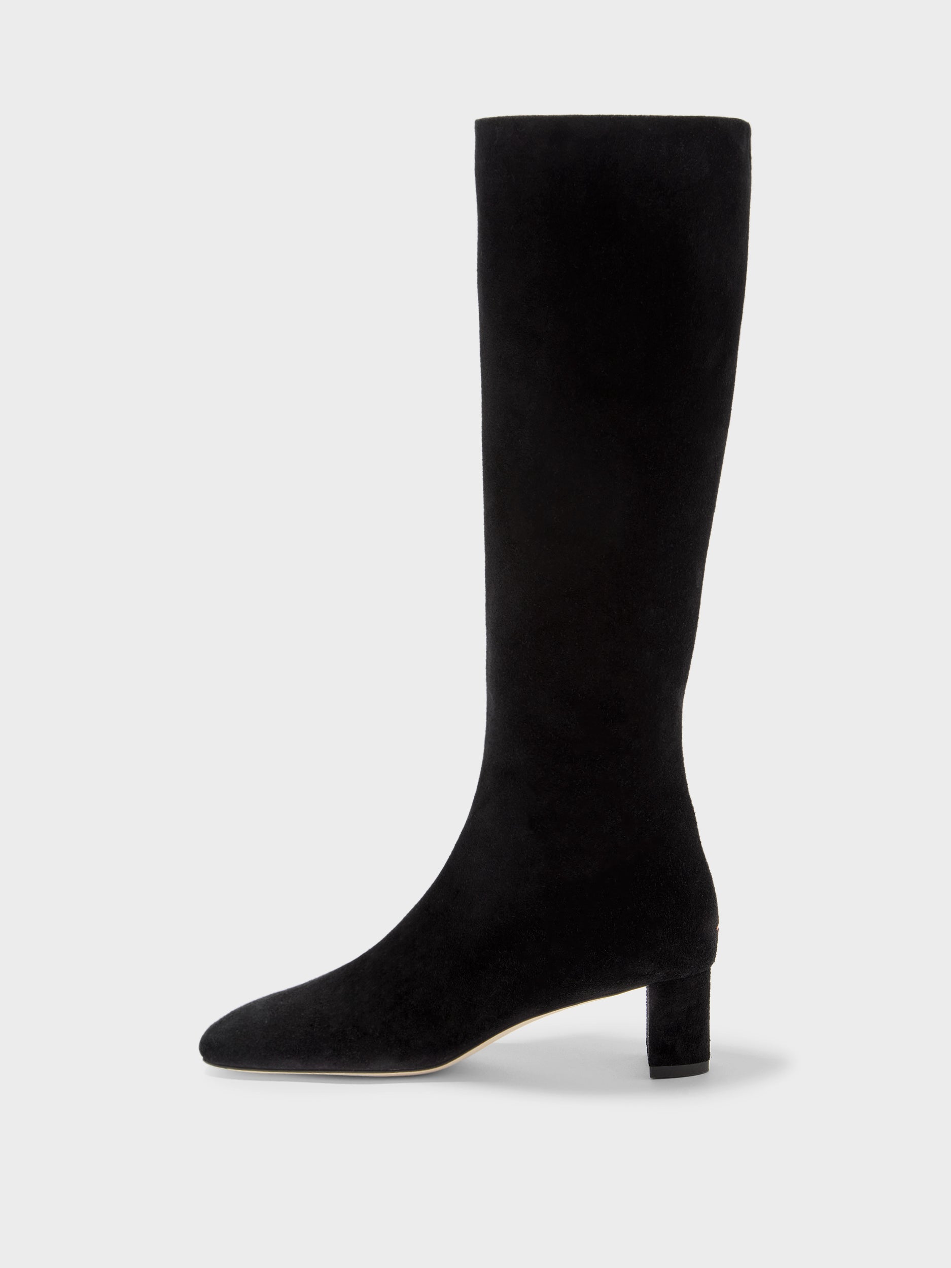 Aeyde | Marty Leather Knee High Boots for Women | Black Suede | Square Toe | Low Heel | Side View