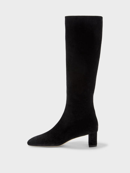 Aeyde | Marty Leather Knee High Boots for Women | Black Suede | Square Toe | Low Heel | Side View