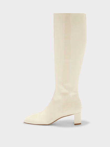 Aeyde | Marty Leather Knee High Boots for Women | Creamy Patent | Square Toe | Low Heel | Side View