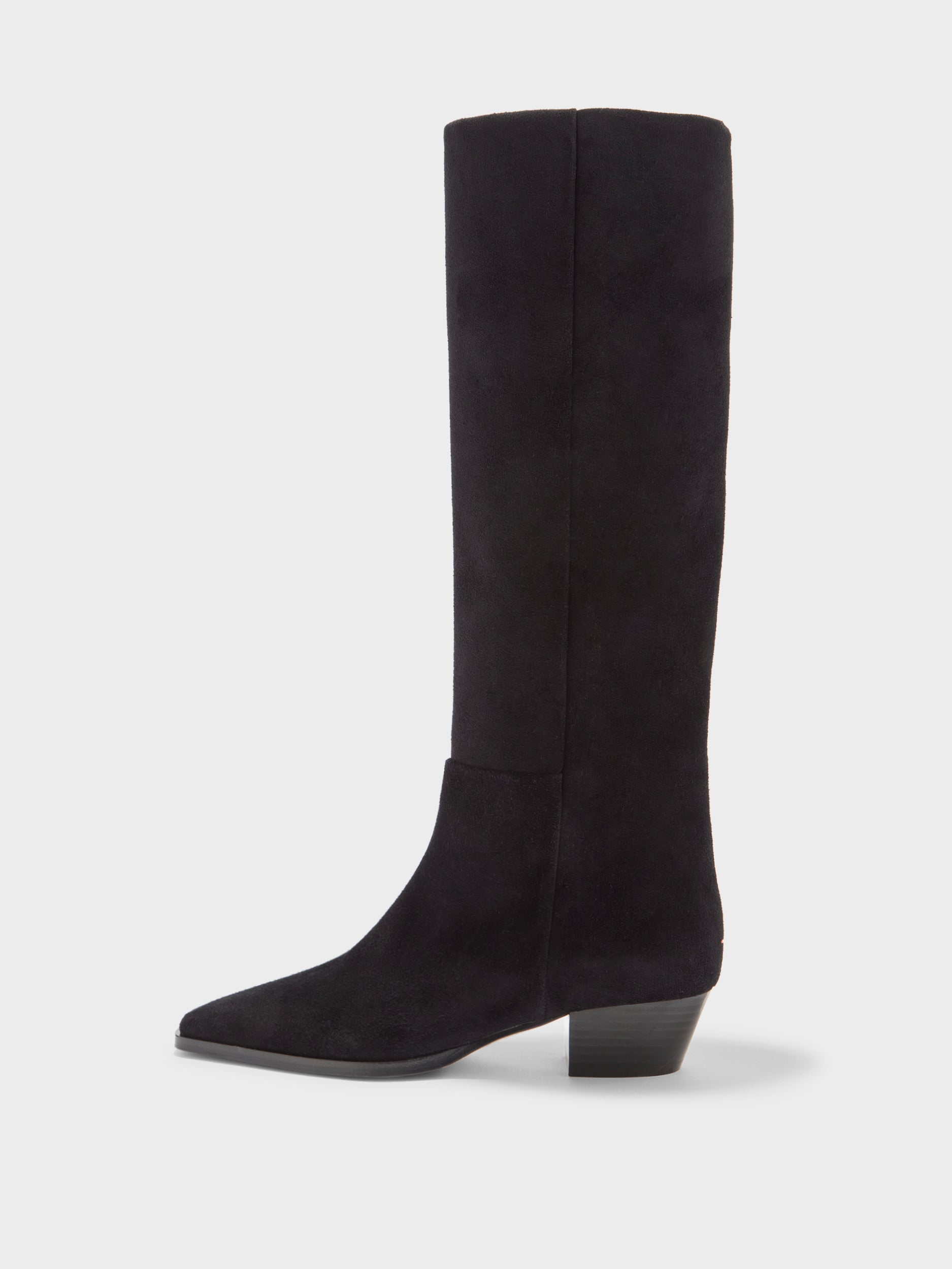 Aeyde | Medea Leather Knee High Boots for Women | Black Suede | Pointed Toe | Low Heel | Side View