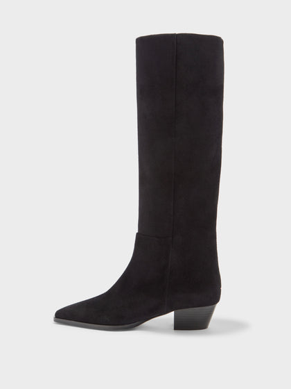 Aeyde | Medea Leather Knee High Boots for Women | Black Suede | Pointed Toe | Low Heel | Side View