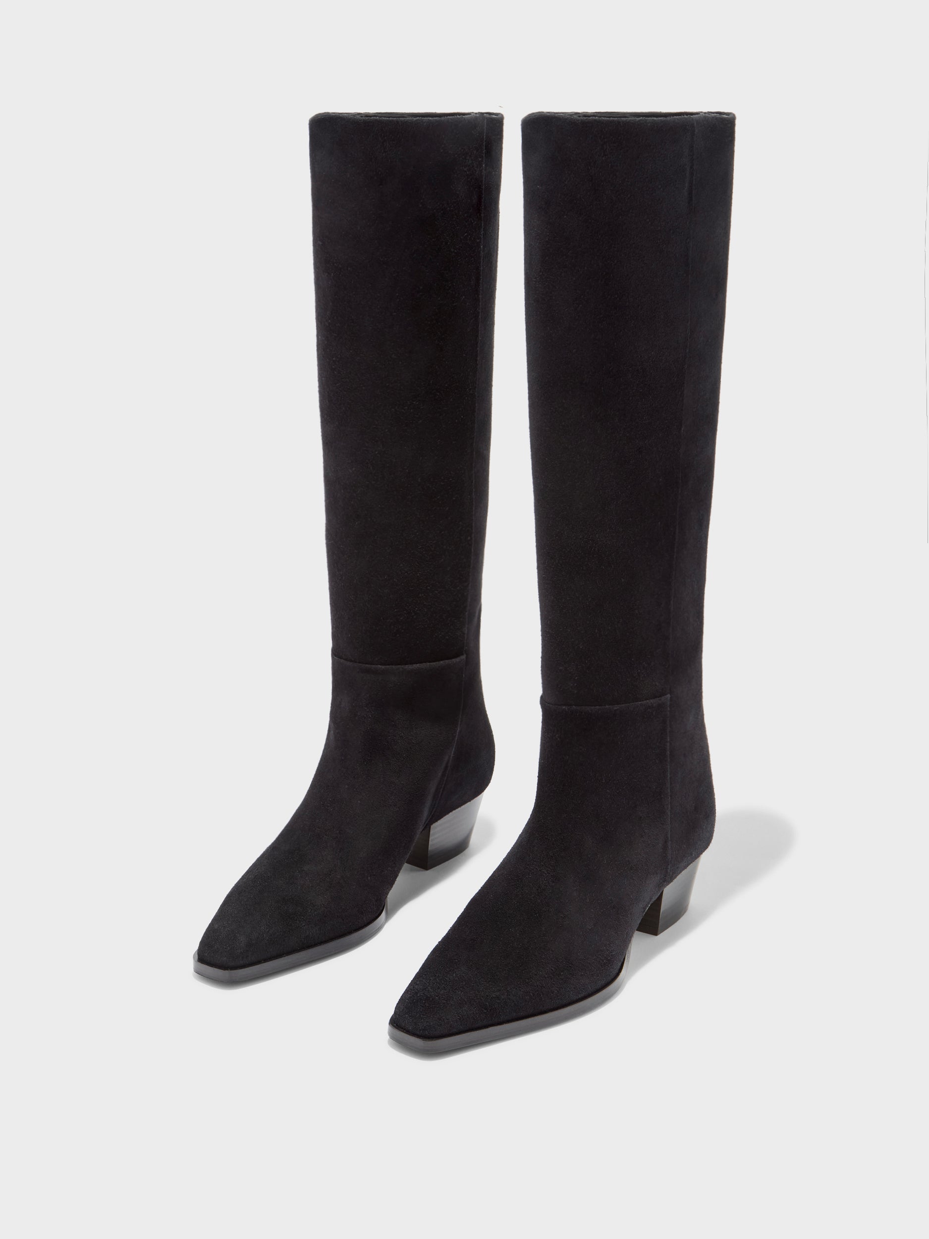 Aeyde | Medea Leather Knee High Boots for Women | Black Suede | Pointed Toe | Low Heel | Luxury Materials | Handmade in Italy