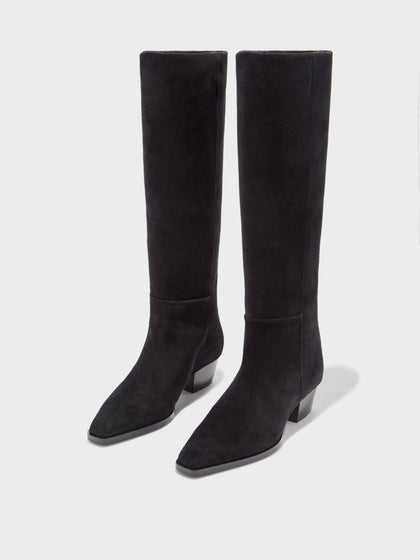 Aeyde | Medea Leather Knee High Boots for Women | Black Suede | Pointed Toe | Low Heel | Luxury Materials | Handmade in Italy