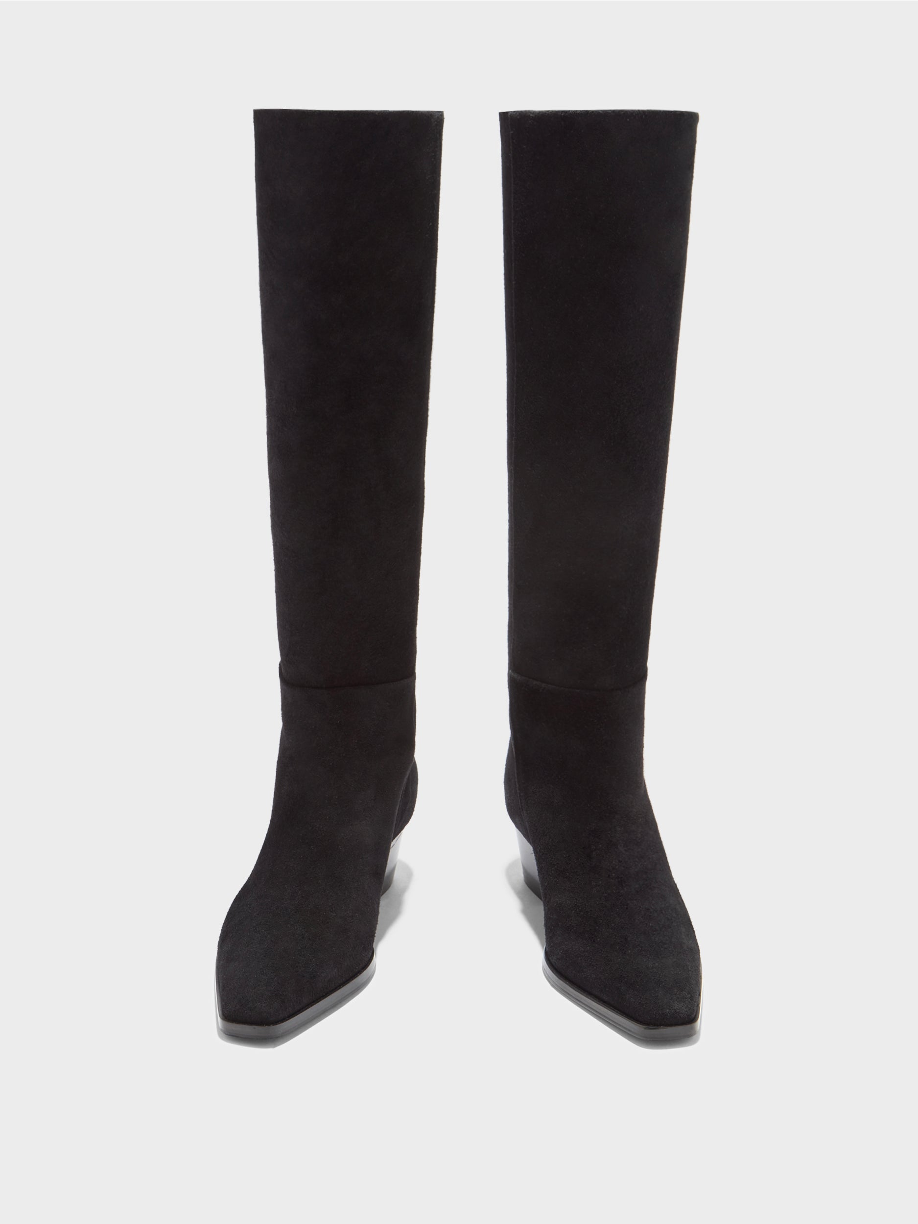 Aeyde | Medea Leather Knee High Boots for Women | Black Suede | Pointed Toe | Low Heel | Front View