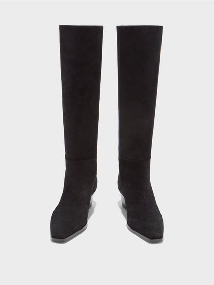 Aeyde | Medea Leather Knee High Boots for Women | Black Suede | Pointed Toe | Low Heel | Front View