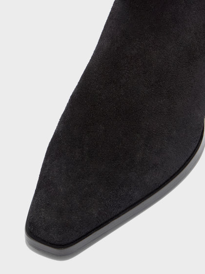Aeyde | Medea Leather Knee High Boots for Women | Black Suede | Pointed Toe | Low Heel | Heel Details