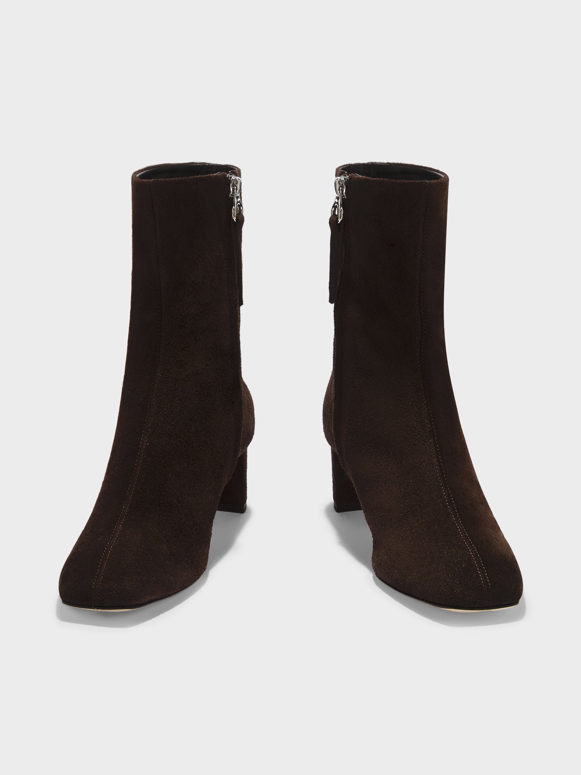 Aeyde | Millie Leather Ankle Boots for Women | Moka Suede | Square Toe | Low Heel | Front View