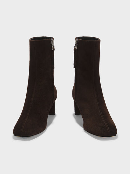 Aeyde | Millie Leather Ankle Boots for Women | Moka Suede | Square Toe | Low Heel | Front View