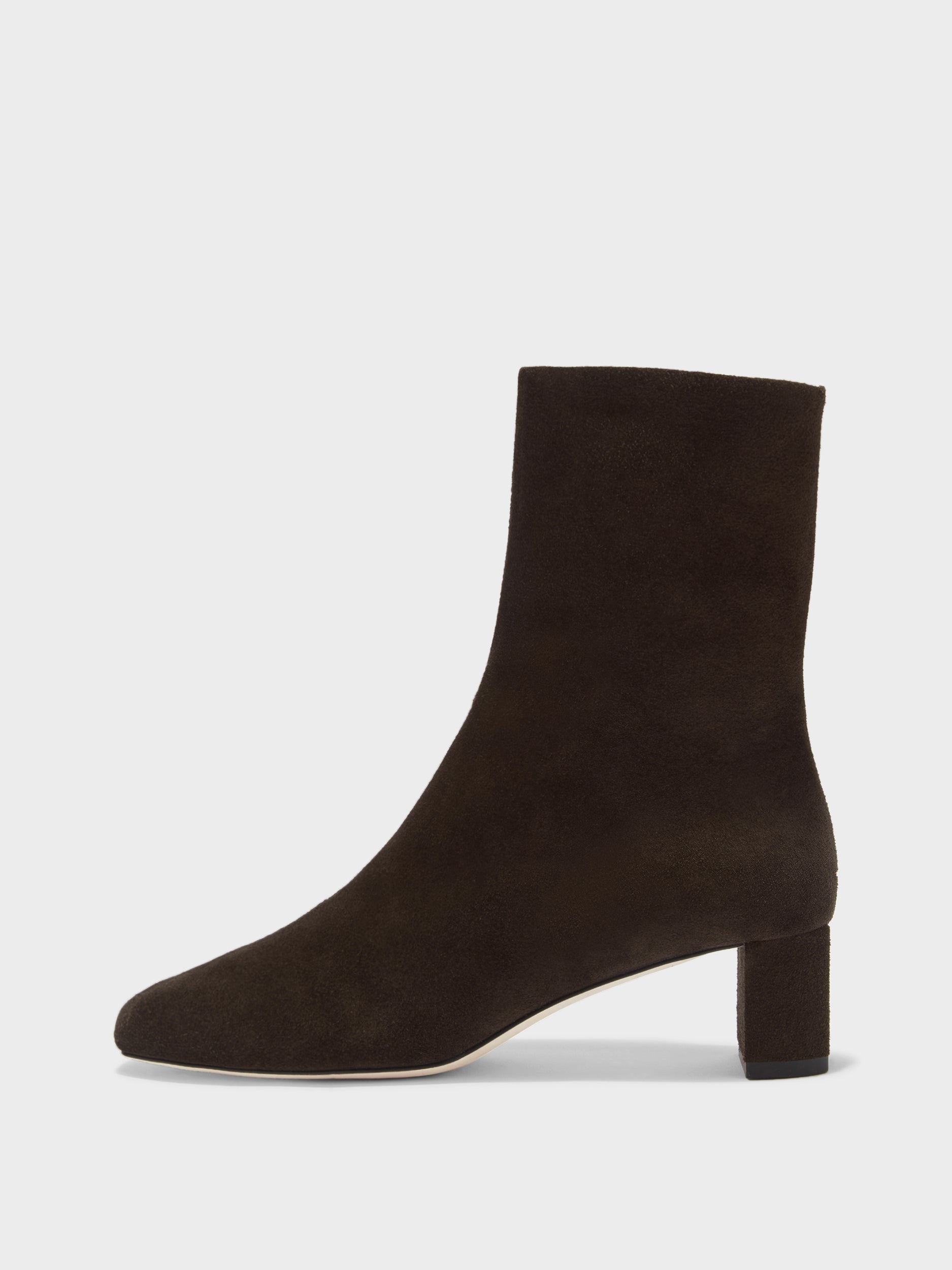 Aeyde | Millie Leather Ankle Boots for Women | Moka Suede | Square Toe | Low Heel | Side View
