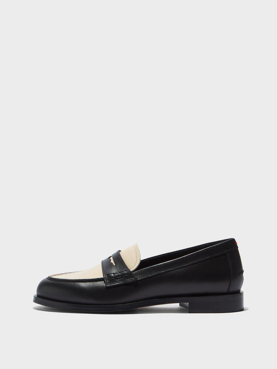 Aeyde | Oscar Leather Flats for Women | Black/Creamy Calf | Round Toe | Low Heel | Side View