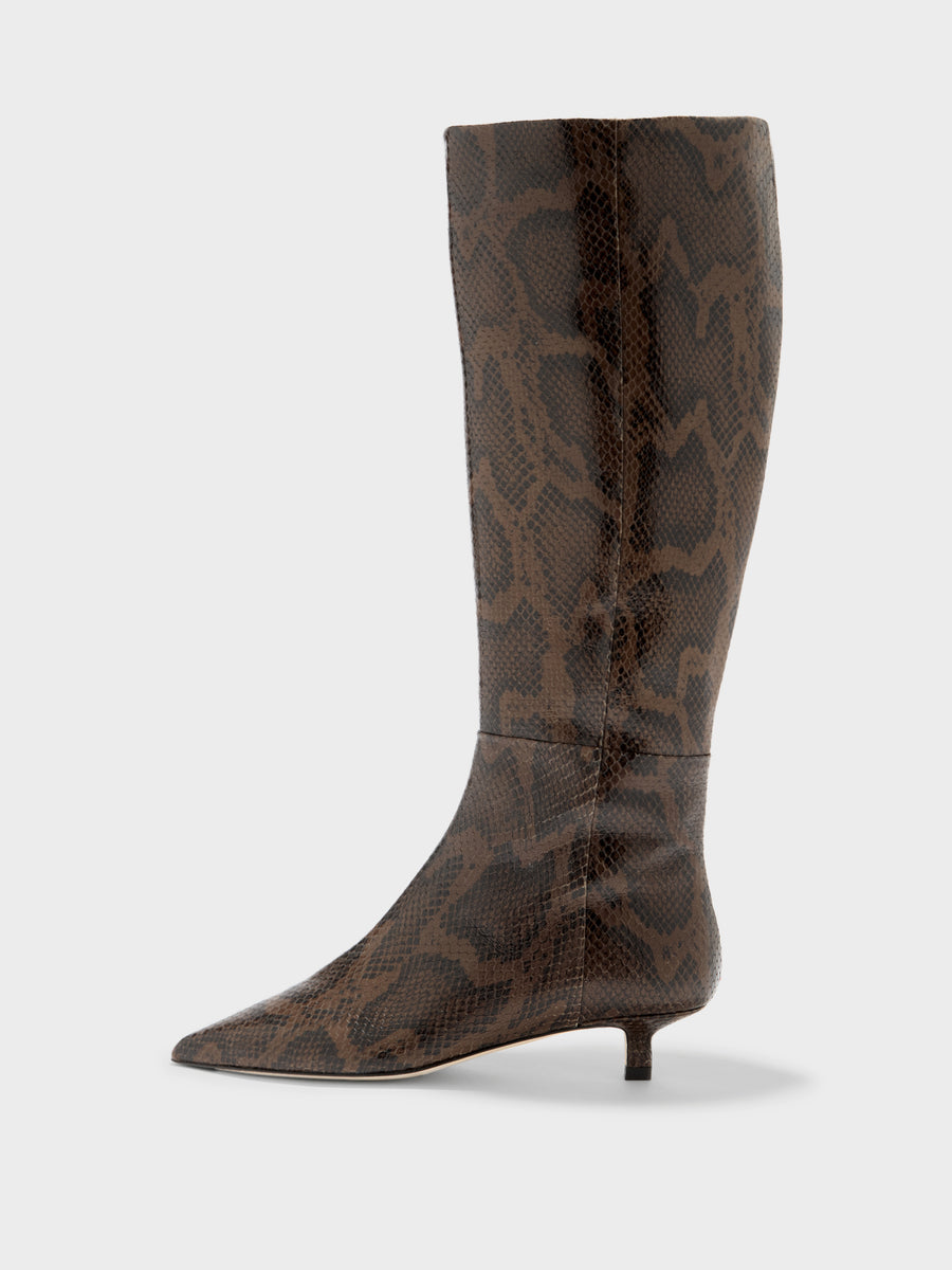 Aeyde | Sabrina Leather Knee High Boots for Women | Moka Snake | Pointed Toe | Low Heel | Side View