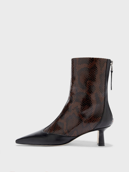 Aeyde | Sila Leather Ankle Boots for Women | Moka/Black Snake/Nappa | Pointed Toe | Mid Heel | Side View