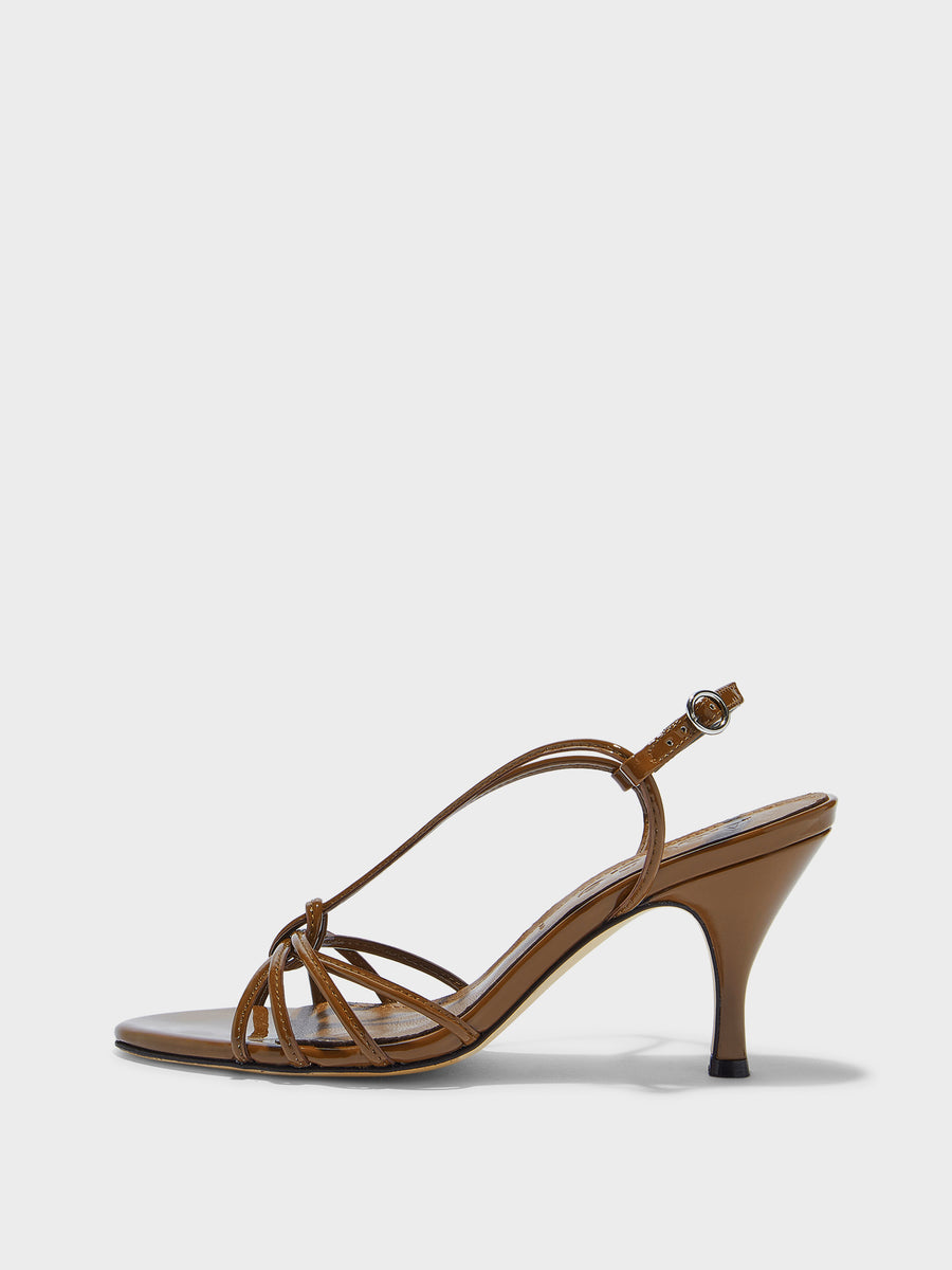 Aeyde | Solange Leather Heeled Sandals for Women | Tobacco Patent | Round Toe | High Heel | Side View